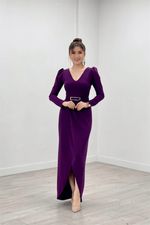 Crepe Fabric Pile Detailed Dress - Eggplant Purple