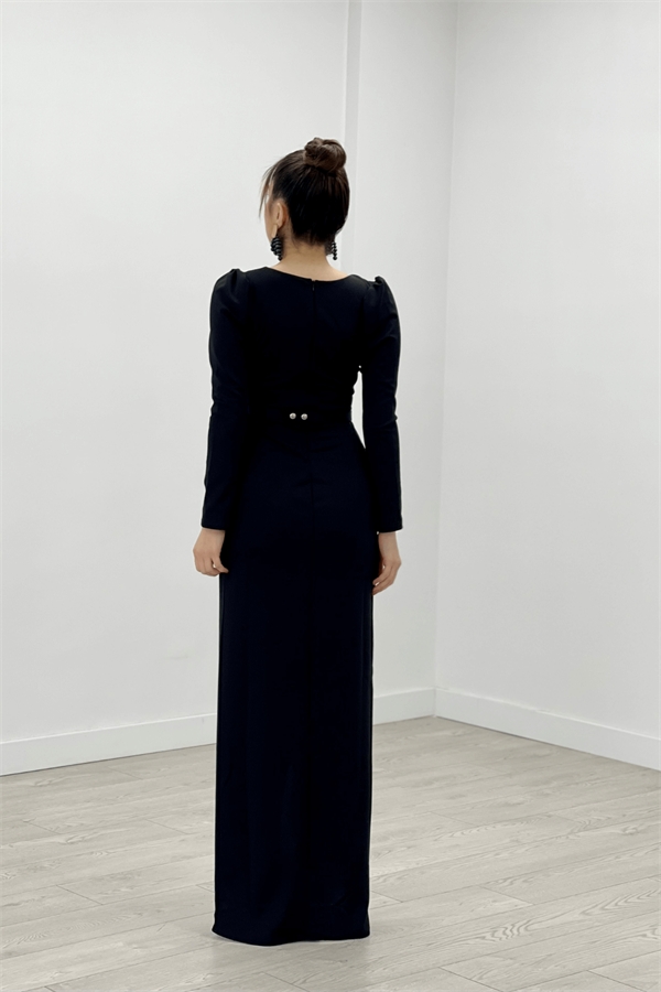 Crepe Fabric Pile Detailed Dress - Black