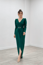 Crepe Fabric Pile Detailed Dress - Emerald Green