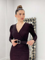 Cruve Collar Belt Detailed Dress - Burgundy