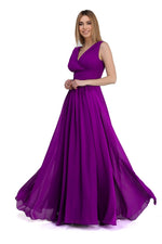 Angelino Fuchsia Chiffon V -Neck Long Evening Dress