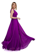 Angelino Fuchsia Chiffon V -Neck Long Evening Dress