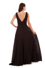 Angelino Black Leopard Patterned Slit Long Evening Dress