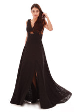 Angelino Black Leopard Patterned Slit Long Evening Dress