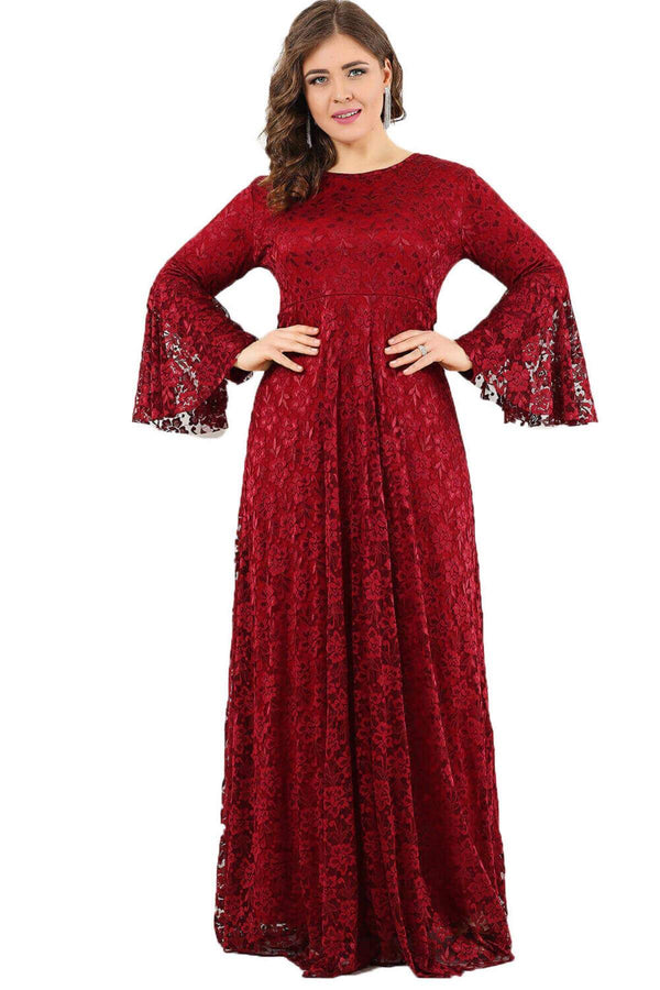 Plus  Size Full Lace Hijab Dress DD791T Claret red