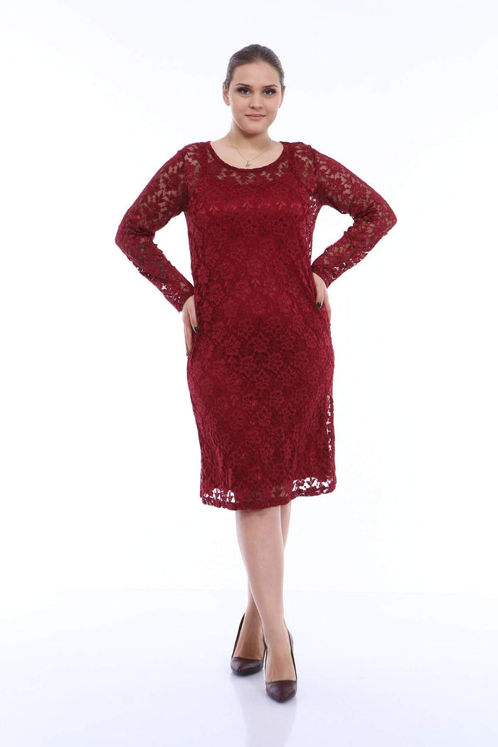 Large Size Lycra Lace Evening Dress KL15154 Claret Red