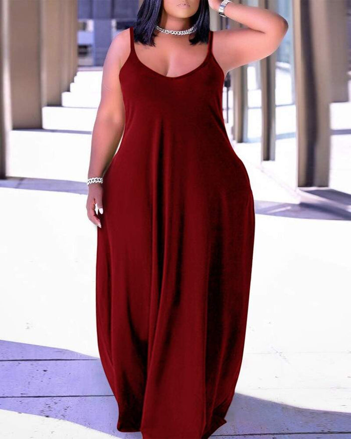 Large Size Sport Pocket Strappy Long Dress DD799