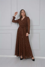 Point Detailed Chiffon Dress - Brown