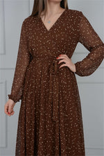 Point Detailed Chiffon Dress - Brown