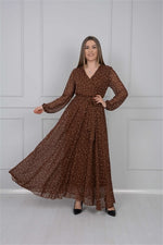 Point Detailed Chiffon Dress - Brown