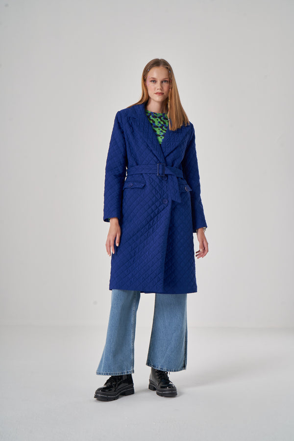 Quilted Textured Sax Blue Overcoat