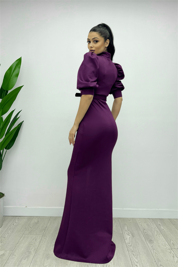 Scuba Fabric Upright Collar Dress - Eggplant Purple