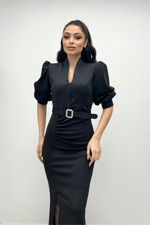 Scuba Fabric Upright Collar Dress - Black