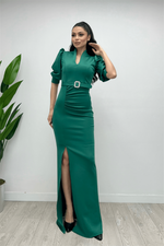 Scuba Fabric Upright Collar Dress - Emerald Green