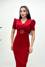 Scuba Fabric Belt Detailed Pen Dress - Red