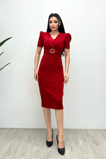 Scuba Fabric Belt Detailed Pen Dress - Red