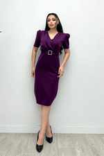 Scuba Fabric Belt Detailed Pen Dress - Eggplant Purple