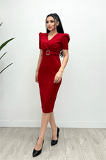 Scuba Fabric Belt Detailed Pen Dress - Red