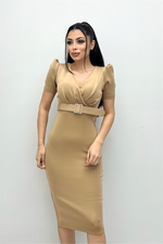 Scuba Fabric Belt Detailed Pen Dress - Beige