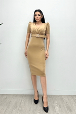 Scuba Fabric Belt Detailed Pen Dress - Beige