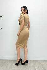 Scuba Fabric Belt Detailed Pen Dress - Beige