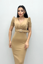 Scuba Fabric Belt Detailed Pen Dress - Beige