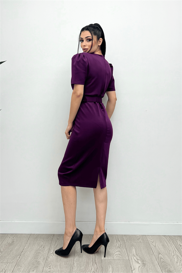 Scuba Fabric Belt Detailed Pen Dress - Eggplant Purple
