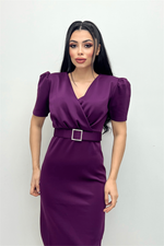 Scuba Fabric Belt Detailed Pen Dress - Eggplant Purple