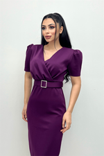 Scuba Fabric Belt Detailed Pen Dress - Eggplant Purple