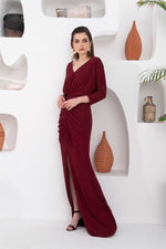 Angelino Burgundy silvery slit dress with long evening dresses