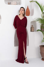 Angelino Burgundy silvery slit dress with long evening dresses