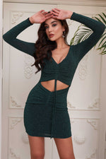 Angelino Green Knitting front short evening dresses with low -cut