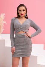 Angelino Gray Knitting front cross -cut short night evening dress dress