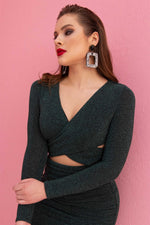 Angelino Green Knitting front cross -cut short night evening dress dress