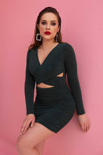 Angelino Green Knitting front cross -cut short night evening dress dress
