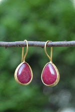 Gold Plated Cherry Color Jade Stone Women's Earrings