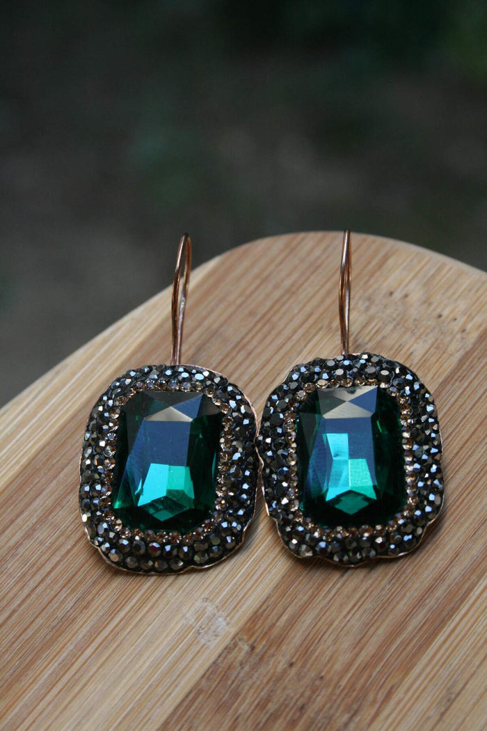 Women's Earrings are Sent in a Handmade Gift Box with Green Crystal Stone
