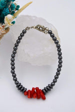 Hematite and Coral Stone Evil Eye and Healing Bracelet