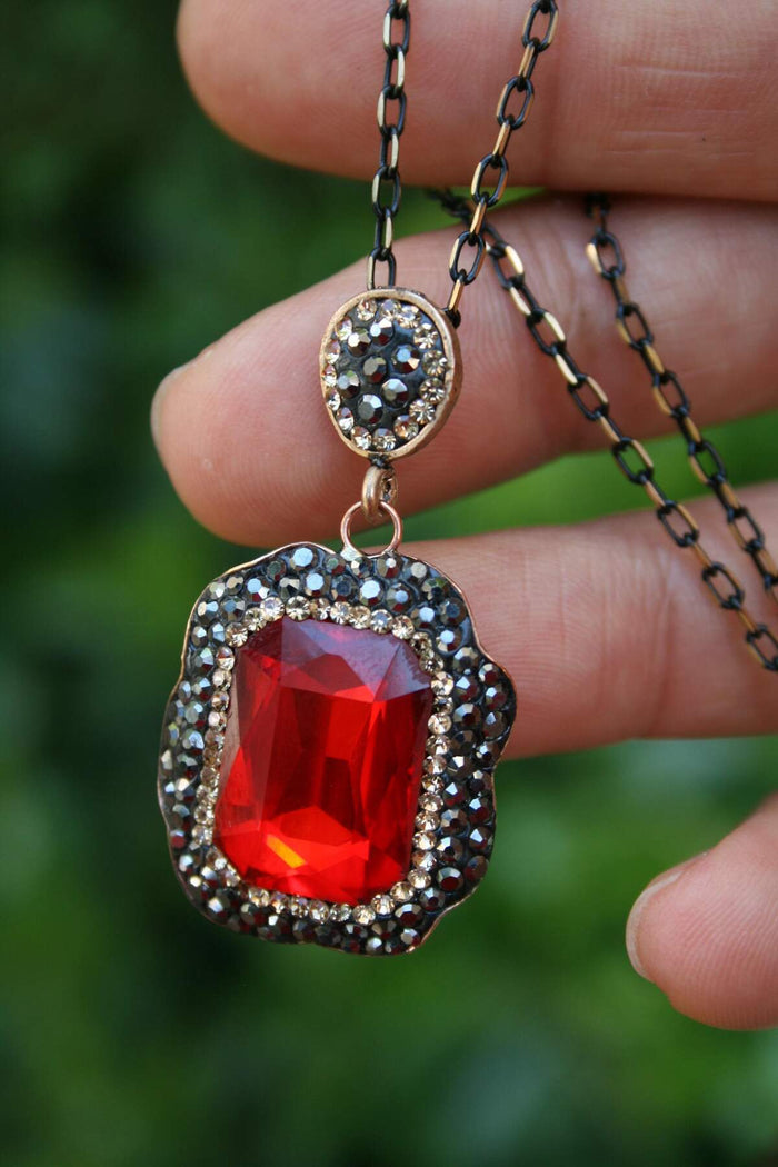 Red Crystal Stone Handmade Women's Necklace and Chain