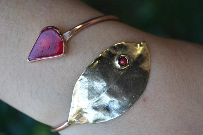 Red Coral Stone Leaf Design Women's Bracelet