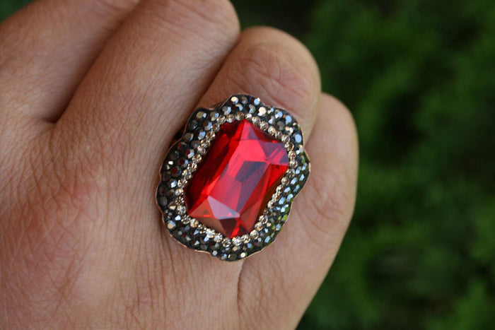 Crystal Red Stone Handmade Adjustable Women's Ring