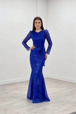 Tulle Payet Fabric Fish Evening Dress - Saks Blue