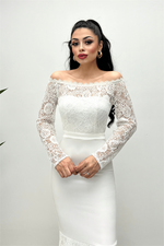 Upper Guipure Lace Lower Double Fabric Boat Collar Evening Dresses - White