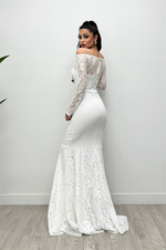 Upper Guipure Lace Lower Double Fabric Boat Collar Evening Dresses - White