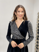 Upper Payet Lower Velvet Dress - Silver
