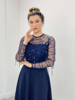 Upper Fringed Sequin Lower Double Fabric Midiboy Dress - Navy Blue
