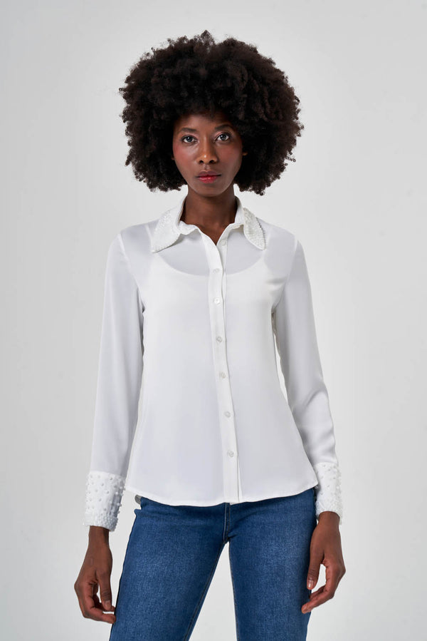 Collar Stone Embroidered Luxury Ecru Shirt